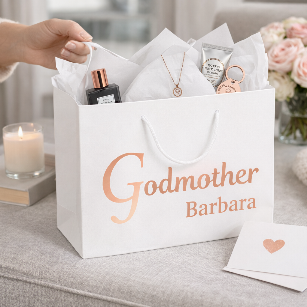 Personalised Christening Gift Bags for Godfather & Godmother – Thank You Bags, 3 Sizes