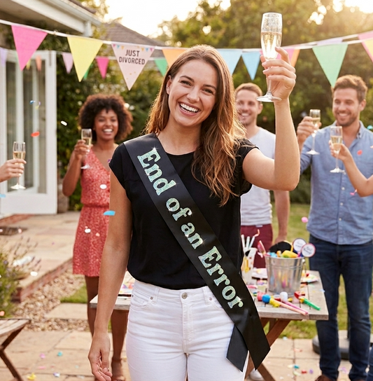 End of an Error Divorce Sash | Personalised Just Divorced Party Decorations | Funny Breakup Gift for Her | Holographic Glitter