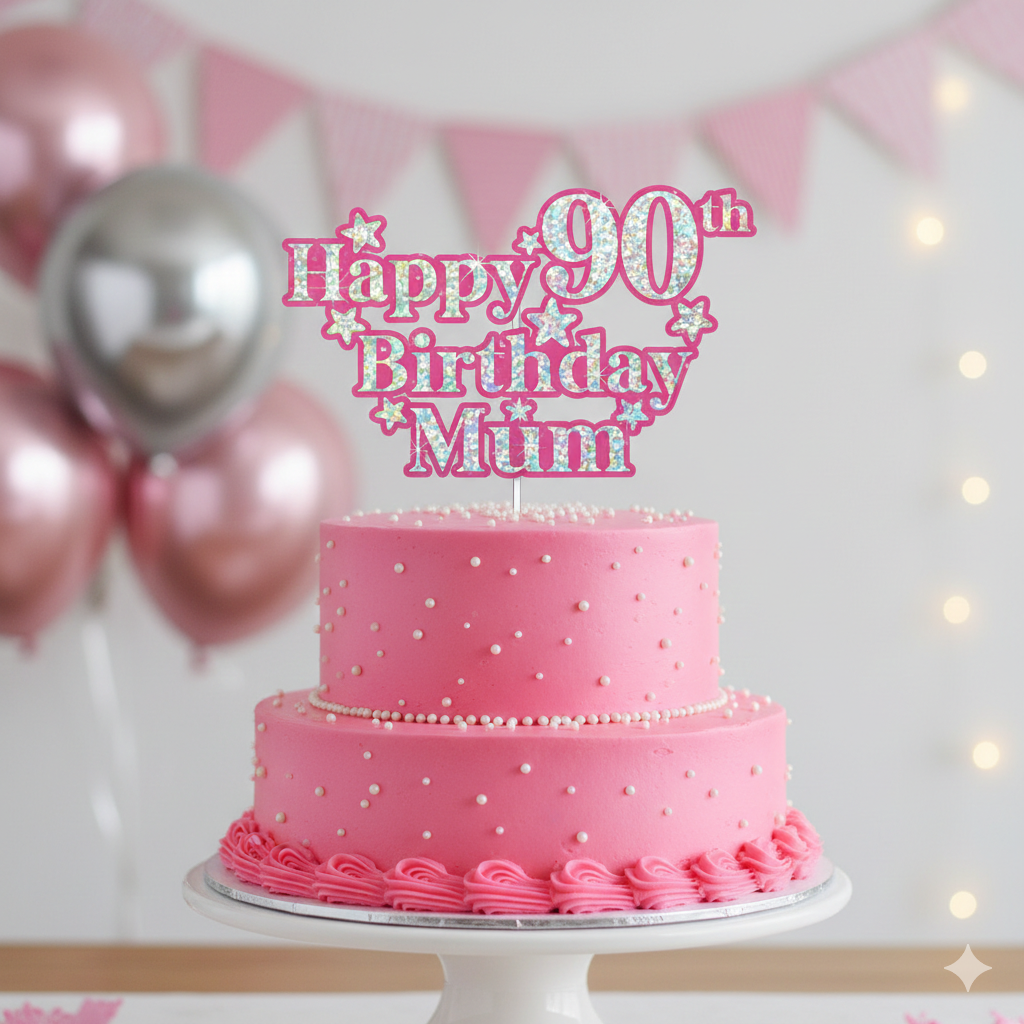 Personalized Happy Birthday Cake Topper - Custom Name & Age - Pink & Silver or Gold Holographic Glitter