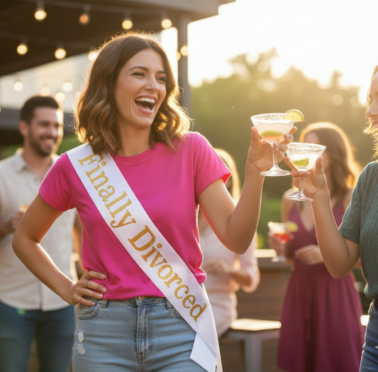 Close up of holographic glitter lettering on Finally Divorced party sash