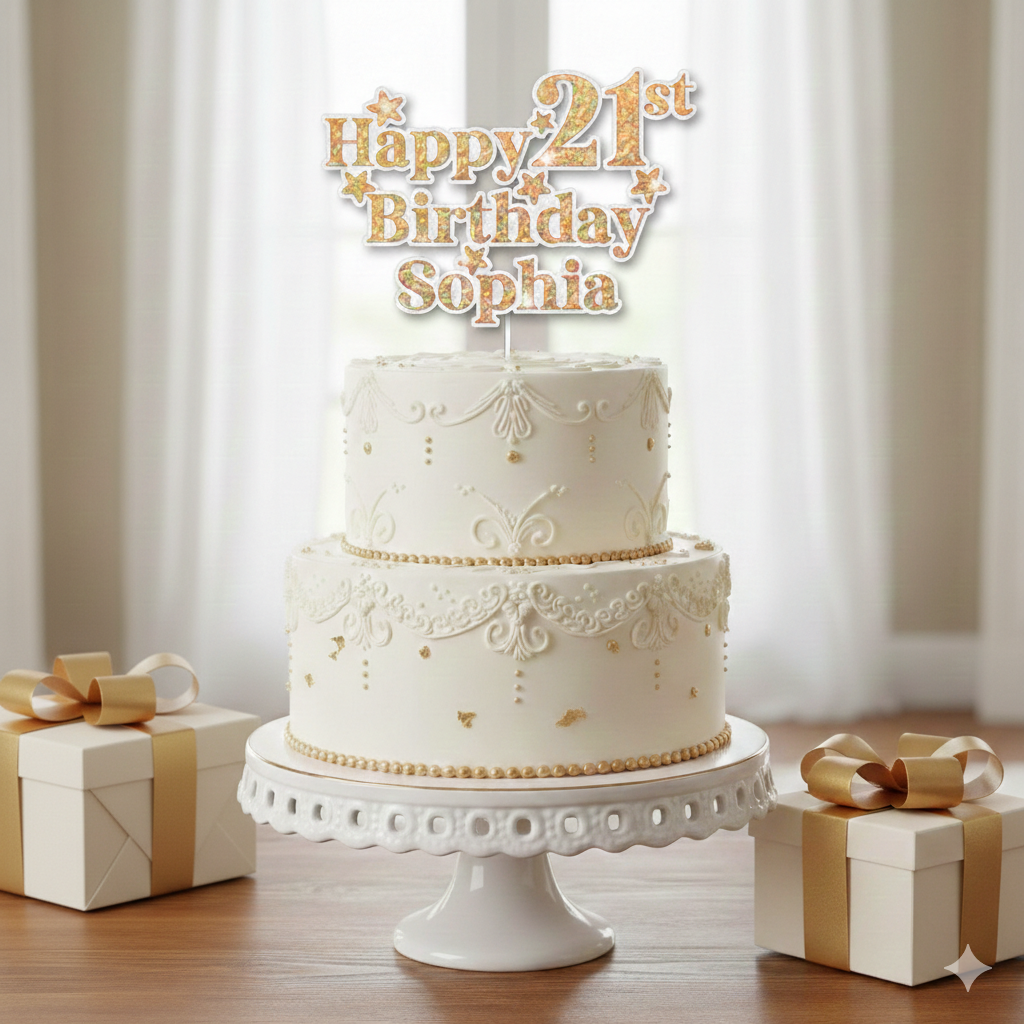Personalised Happy Birthday cake topper with gold holographic glitter text on a white background on a birthday cake.