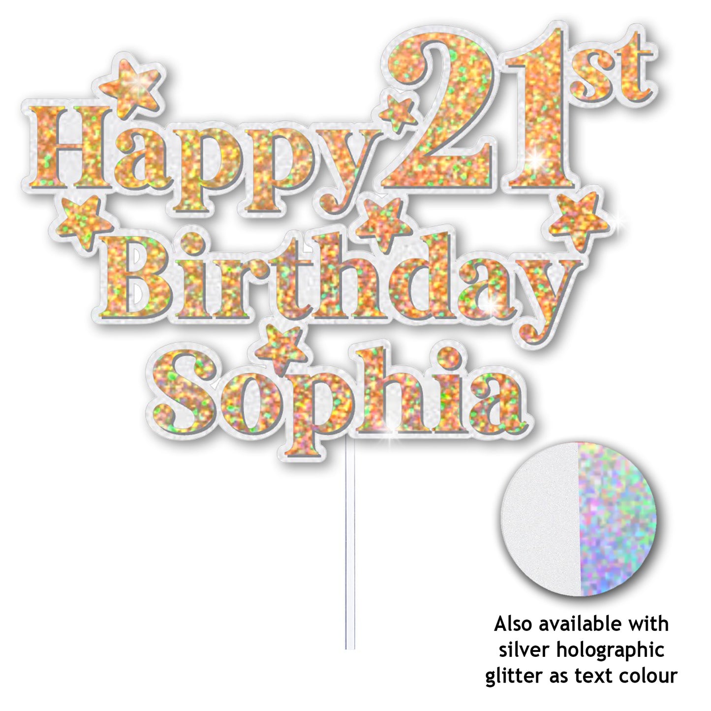 Personalised white and goldholographic glitter text on a white background