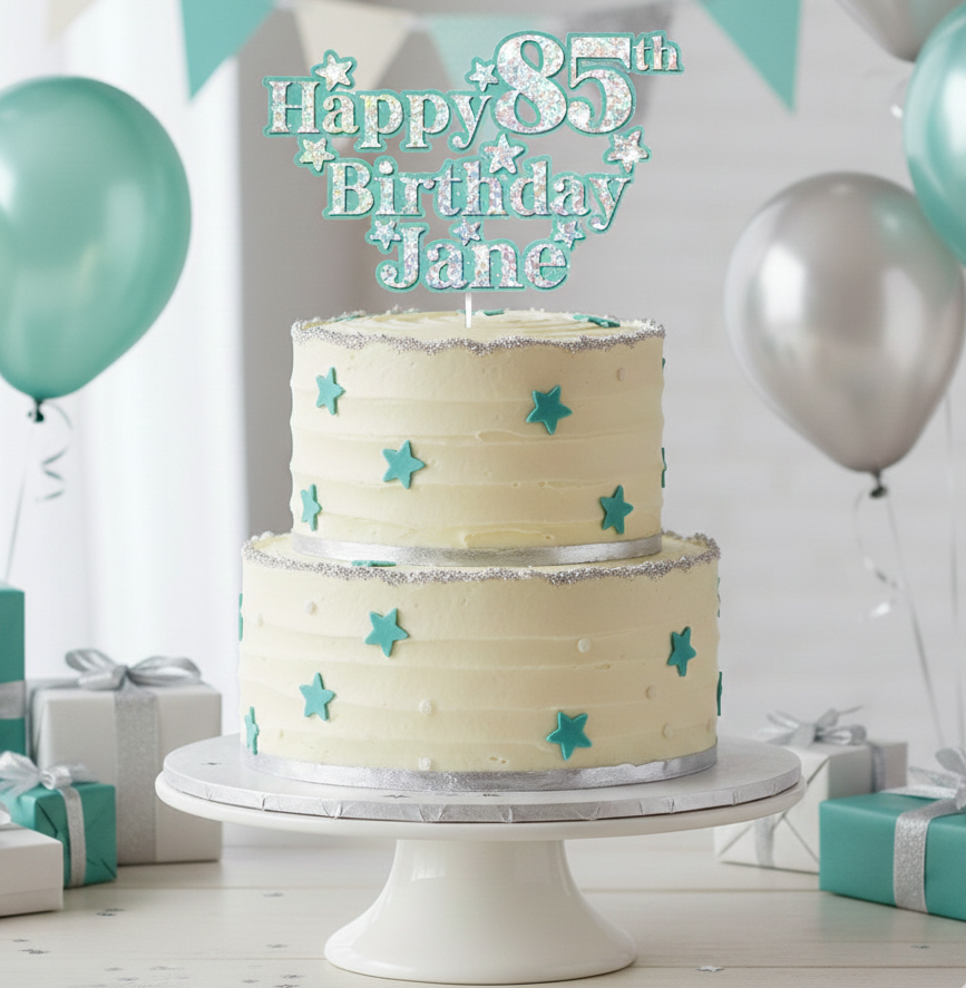 Personalised jade cake topper on cake made in the UK