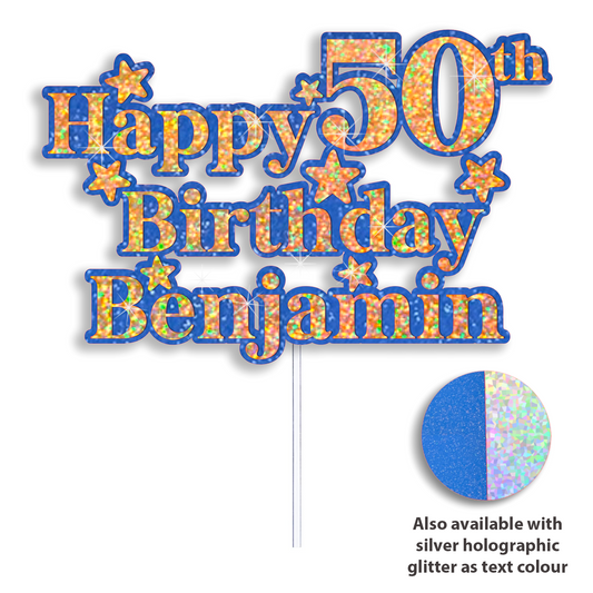 Personalised Happy Birthday Cake Topper - Custom Name & Age - Blue & Silver or Gold Holographic Glitter