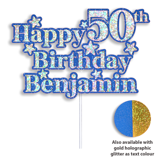 Personalised Happy Birthday Cake Topper - Custom Name & Age - Blue & Silver or Gold Holographic Glitter