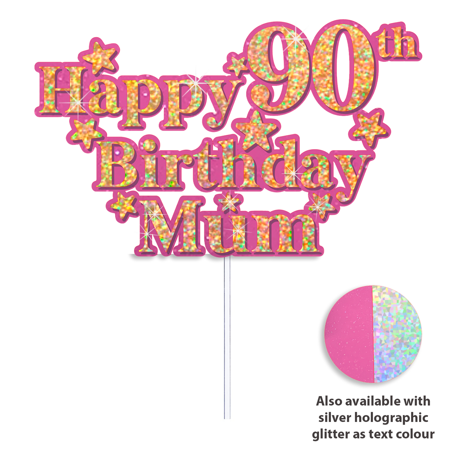 Personalized Happy Birthday Cake Topper - Custom Name & Age - Pink & Silver or Gold Holographic Glitter