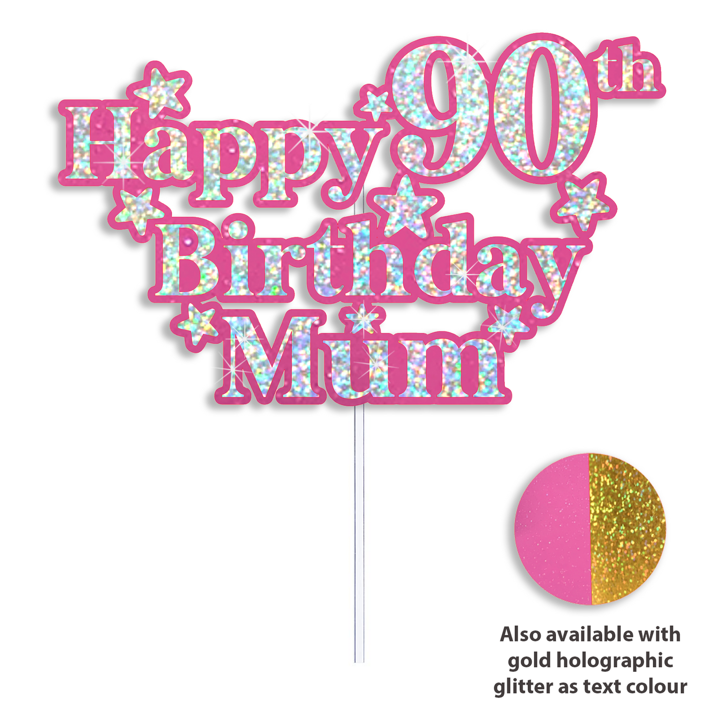 Personalized Happy Birthday Cake Topper - Custom Name & Age - Pink & Silver or Gold Holographic Glitter