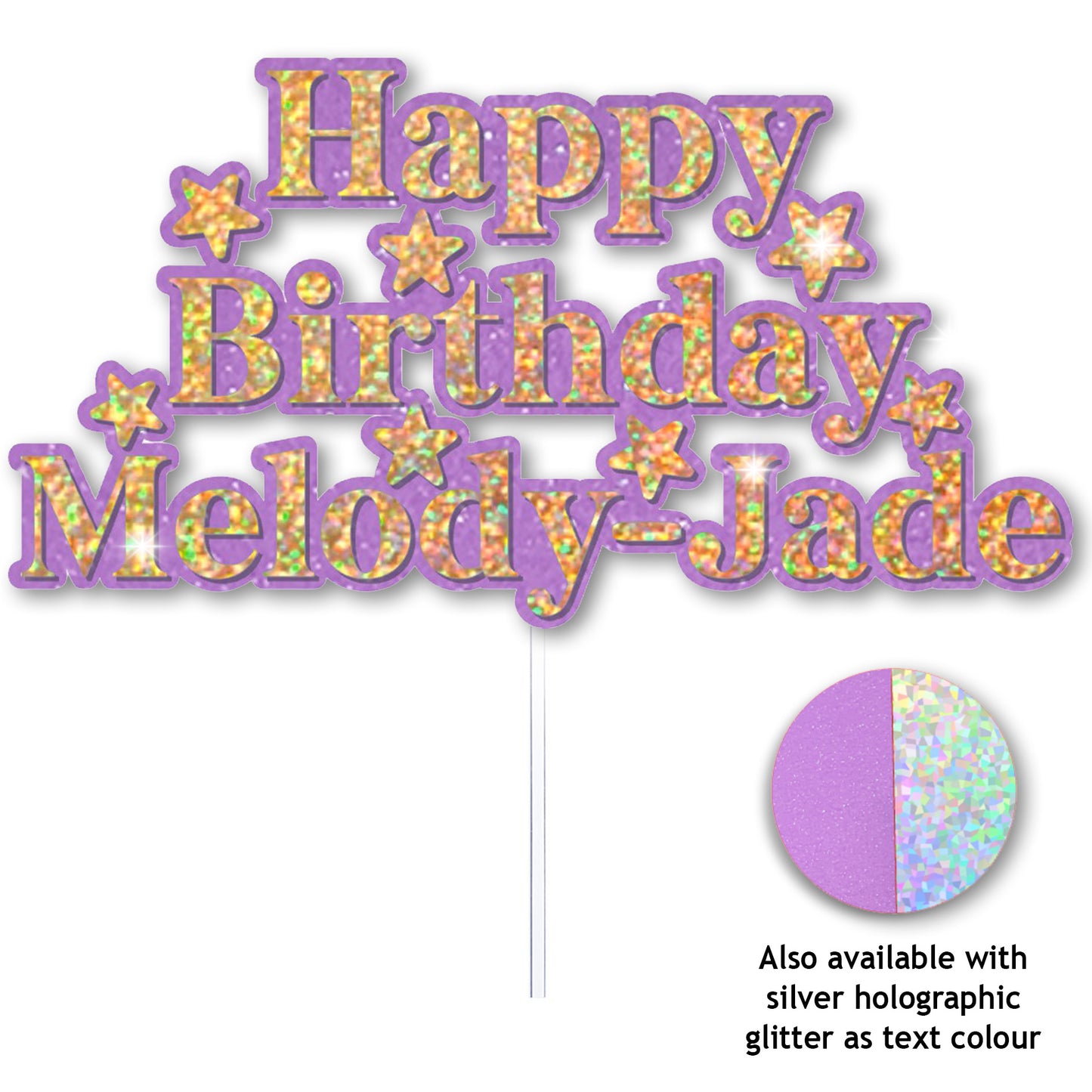 Personalised Purple and gold glitter holographic cake topper