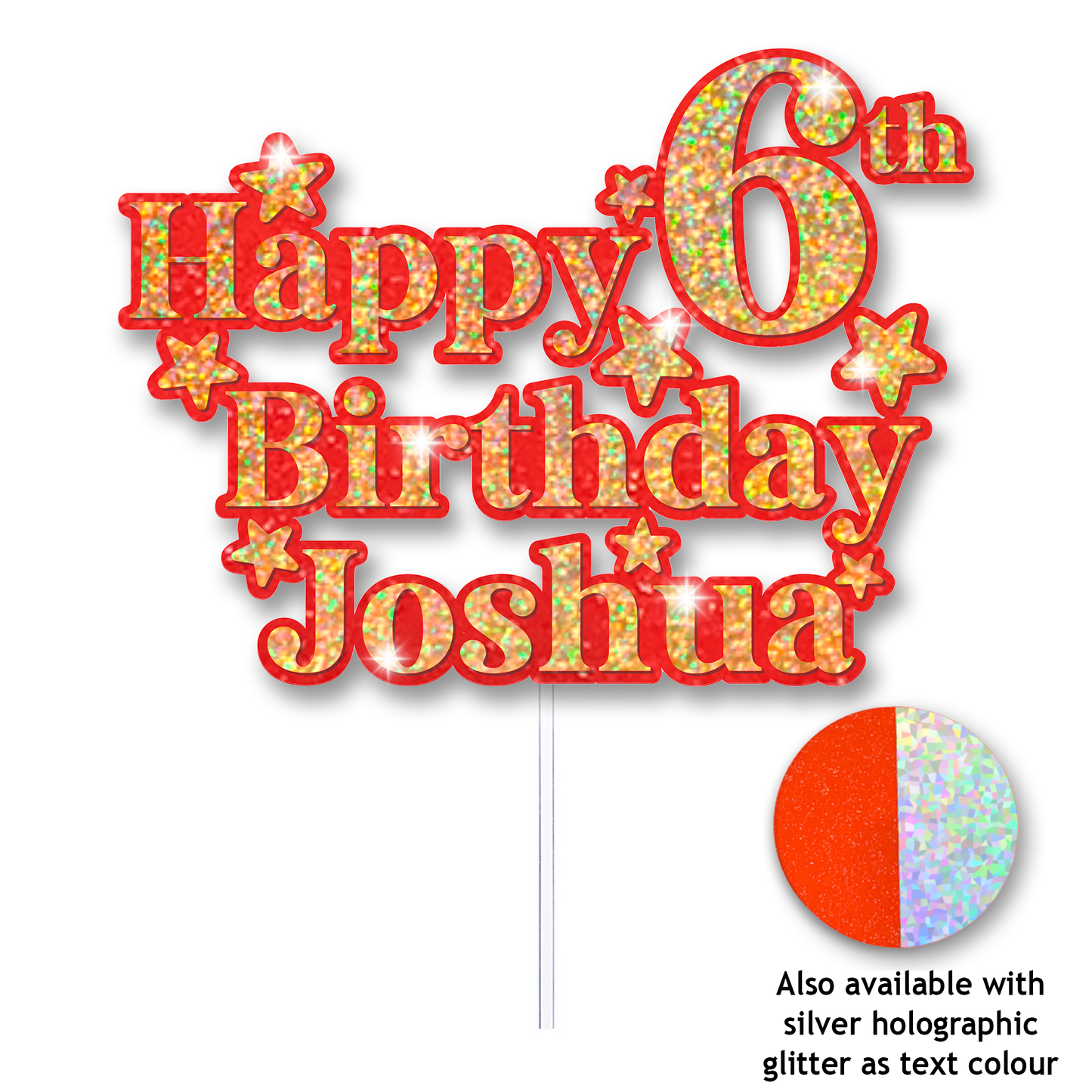 Personalised Happy Birthday Cake Topper - Custom Name & Age - Red & Silver or Gold Holographic Glitter