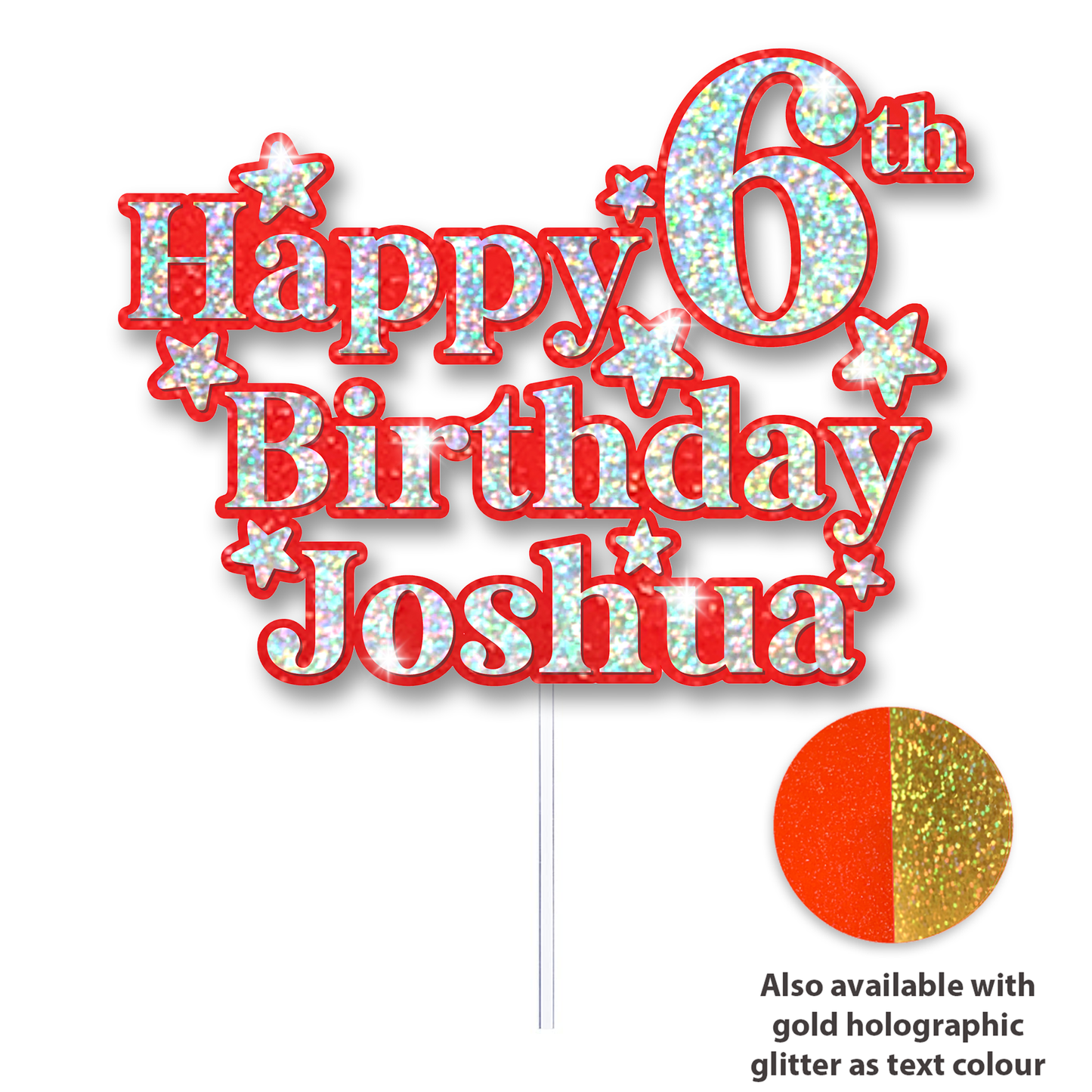 Personalised Happy Birthday Cake Topper - Custom Name & Age - Red & Silver or Gold Holographic Glitter