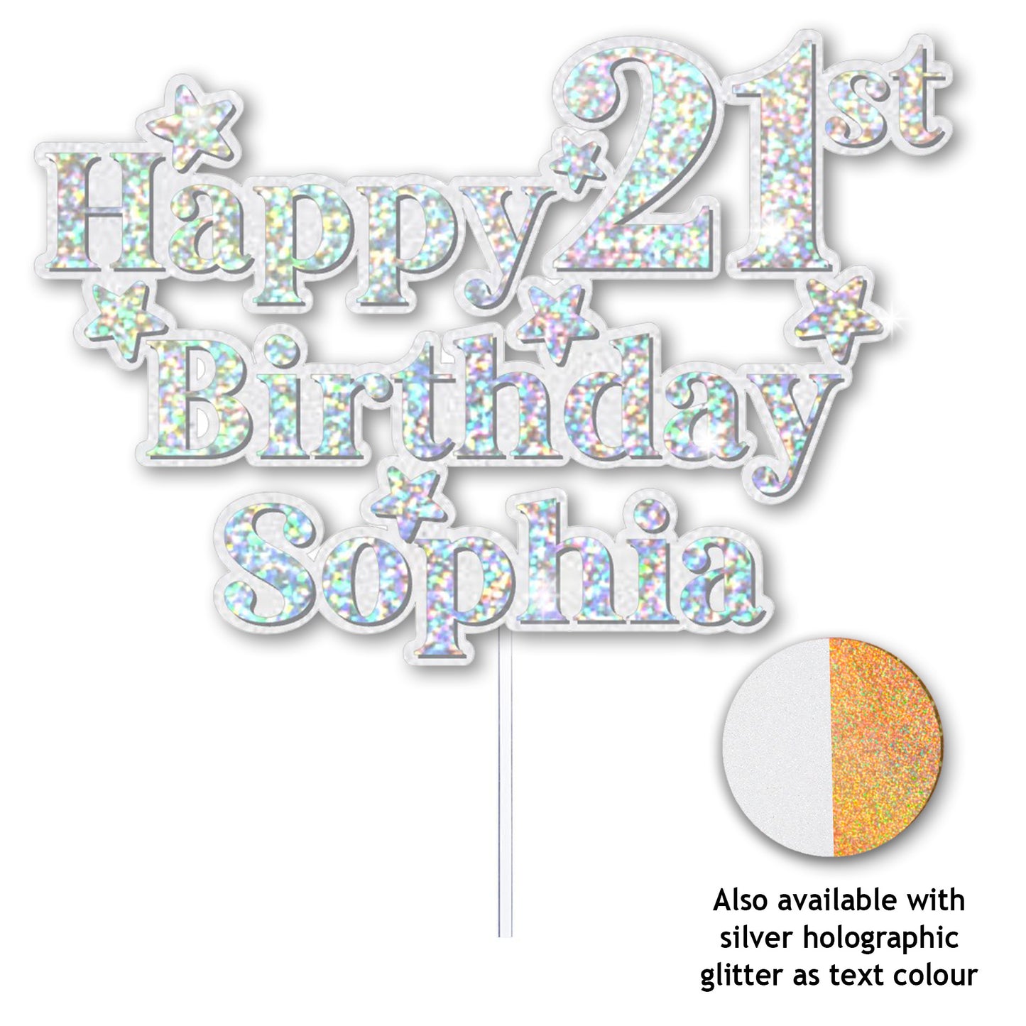 Personalised white and silver holographic glitter text on a white background